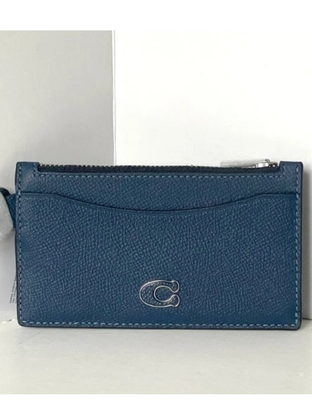 Coach CJ879 Zip Card Case Deep Blue Leather Wallet D-Ring Key Ring